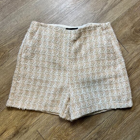 Express Shorts Women's 2 Tweed High Waist Metallic Gold Cream Disco Shimmer - Picture 1 of 10